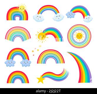 Verschiedene Formen von Regenbogen Vektor-Illustrationen gesetzt. Niedliche Wolke und Sonne Zeichentrickfiguren, Sterne, kindliche Aufkleber, Patches oder Abzeichen isoliert auf w Stock Vektor