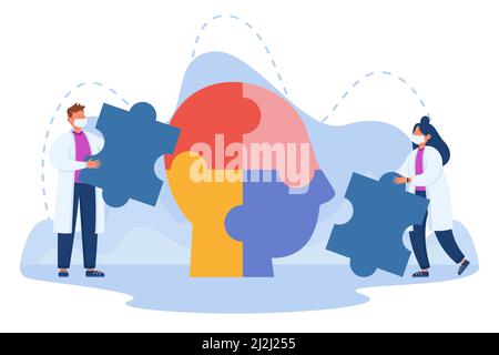 Ärzte verbinden Puzzle der Persönlichkeit im Kopf. Team von winzigen Menschen setzen Puzzleteile zusammen flache Vektor-Illustration. Psychische Gesundheit, Psych Stock Vektor