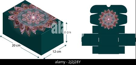 Mandala detaillierte Verpackung Box. Vektorgrafik des Kastens. Paketvorlage. Vorlage Für Selbstsperrbox. 20×12×8 cm Stock Vektor