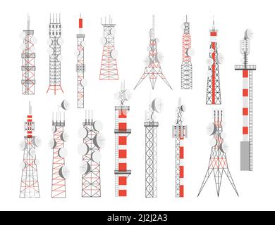 Antennenturm mit Satellitenschüsseln Vektor-Illustrationen Set. Funkanlagen, Kommunikations- oder Telekommunikationsübertragungstürme, Internet, Fernsehen oder Telefon b Stock Vektor