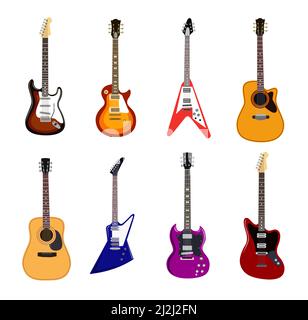 Akustische und elektrische Gitarren flache Vektor-Illustrationen Set. Sammlung von Musikinstrumenten mit Streichern Designs für Bands isoliert auf weißem Backgro Stock Vektor