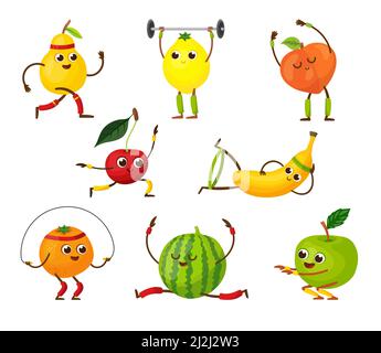 Lustige Fruchtfiguren beim Yoga. Kawaii Birne, Apfel, Orange, Pfirsich und andere komische Früchte mit Training. Zeichentrickserie mit Vektorgrafik. Lebensmittel, bsb Stock Vektor