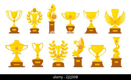 Goldene Tassen für Gewinner Vektor-Illustrationen-Set. Sammlung goldener Trophäen oder Preise für die Siegerehrung, Belohnung für den Gewinn eines Sportwettbewerbs auf Weiß Stock Vektor
