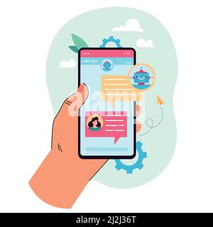 Hand hält Handy mit Chat bot auf dem Bildschirm. Weibliche Figur im Gespräch mit Online-Roboter flache Vektor-Illustration. Technologie, Kommunikation concep Stock Vektor