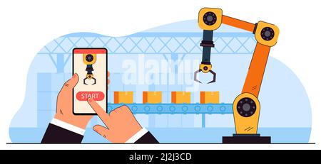 Hände halten Smartphone mit Steuerung App. Flache Vektorgrafik. Drahtlose Kommunikation mit Roboterhänden, die im Werk arbeiten. Technik, Techno Stock Vektor