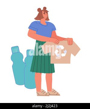 Frau sortiert Müll für Recycling und Entsorgung. Herstellung von recycelten Stoffen und Wiederverwendung von Abfällen. Umwelt und Ökologie, flacher Vektor illustrationo Stock Vektor