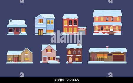 Häuser und Mehrfamilienhäuser im Schnee isoliert auf blauem Hintergrund. Winterhäuser, Gebäude Fassade Cartoon Vektor Illustration Set. Winterurlaub, Stock Vektor