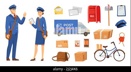 Vektor-Illustrationen-Set mit männlichen und weiblichen Postboten. Menschen in Uniform und Postgegenstände für Kinder, Tasche mit Briefen, Briefkasten, Transport auf wh Stock Vektor