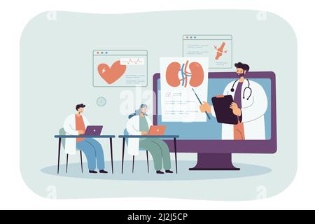 Medizinstudenten sehen sich das Webinar während des Kurses an. Professionelle Ärzte Training Spezialisten durch Podcast auf virtuelle Plattform flache Vektor-Illustration. Stock Vektor