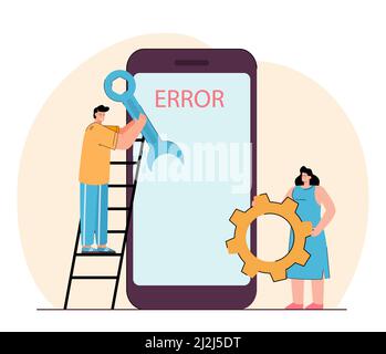 Leute, die versuchen, das Smartphone zu reparieren, zeigen eine Fehlermeldung an. Banner für flache Vektorgrafik. Mann und Frau, die Fehlfunktionen des Mobiltelefons reparieren, brechen. Virus s Stock Vektor