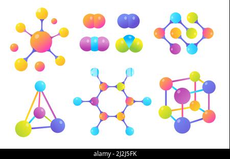 Vektorgrafiken für molekulare Strukturen. Verschiedene Formen oder Modelle von verbundenen Molekülen für die wissenschaftliche Forschung. Wissenschaft, Mikrobiologie, Chemie Stock Vektor