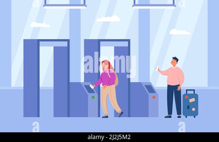 Passagiere, die den Fahrpreis an der automatischen Drehkreuz bezahlen. Personen mit Tickets am Eingang zum Zug oder U-Bahn-Station flache Vektor-Illustration. Öffentliche Verkehrsmittel CO Stock Vektor