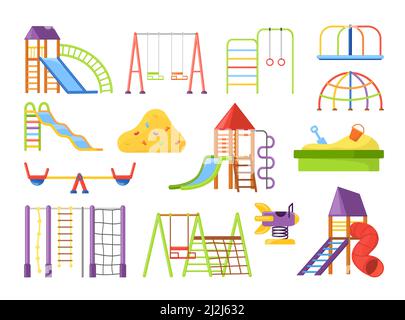 Spielgeräte-Set für Kinder, lustige Spiele im Vergnügungspark. Vektor-Illustrationen von Spielzeug für den Kindergarten. Cartoon Wippe Rutsche Schaukel Bank Leiter Stock Vektor