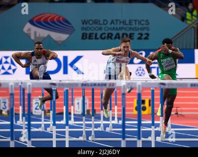 Wilhem Belocian FRA, David King GB & NI, Abdel Kader Larrinaga POR treten am dritten Tag des World Athletics Indoor Cham bei den 60m Hürden der Männer an Stockfoto