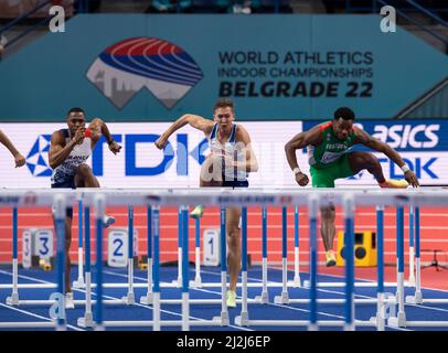 Wilhem Belocian FRA, David King GB & NI, Abdel Kader Larrinaga POR treten am dritten Tag des World Athletics Indoor Cham bei den 60m Hürden der Männer an Stockfoto