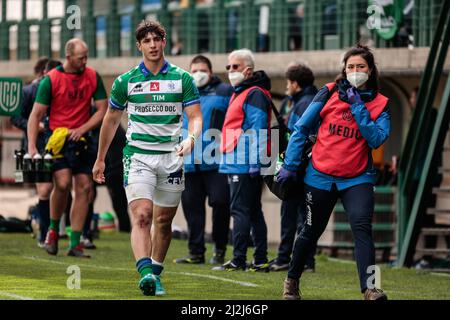 Treviso, Italien. 02. April 2022. Tommaso Menoncello (Benetton Rugby) während Benetton Rugby vs Connacht Rugby, United Rugby Championship match in Treviso, Italien, April 02 2022 Quelle: Independent Fotoagentur/Alamy Live News Stockfoto