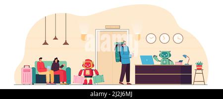 Roboter arbeiten im Hotelservice. Cyborg hilft Gästen mit Gepäck, bot Rezeptionistin sitzt am Schreibtisch flache Vektor-Illustration. Künstliche Intelligenz Stock Vektor