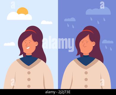 Split Portrait der hispanischen Frau in Depressionen und guter Laune. Bipolare Störung, glückliches Lächeln und trauriges Gesicht flache Vektor-Illustration. Stimmung und Wetter Stock Vektor