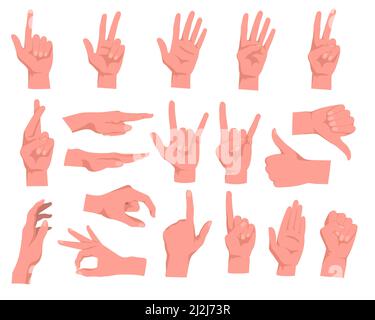 Satz von Handgesten Cartoon-Vektor-Illustration. Menschliche Handfläche mit Fingern in verschiedenen Positionen, die Zahlen, Richtung, Symbole und Zeichen zeigt. Pose, Stock Vektor