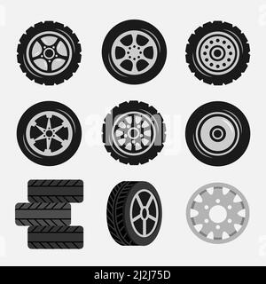 Satz von Autoreifen und Leichtmetallfelgen, Spur Spuren. Cartoon-Vektorgrafik. Sammlung von Autoreifen mit unterschiedlichen Profilmustern. Auto, tran Stock Vektor