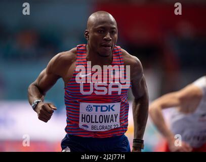 Grant Holloway USA tritt am dritten Tag der Leichtathletik-Hallenweltmeisterschaften Belgrad 2022 im Halbfinale der 60m Hürden der Männer in Belgrad an Stockfoto