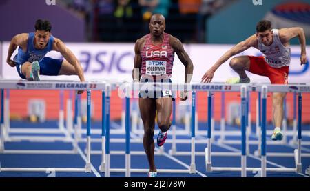 Grant Holloway USA tritt am dritten Tag der Leichtathletik-Hallenweltmeisterschaften Belgrad 2022 im Halbfinale der 60m Hürden der Männer in Belgrad an Stockfoto