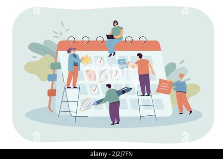 Geschäftsleute, die einen Terminplan mit Hilfe eines riesigen Kalenders planen. Büroleute oder Studenten, die Arbeit verwalten, Social-Media-Inhalte flat Vektor-illu posten Stock Vektor