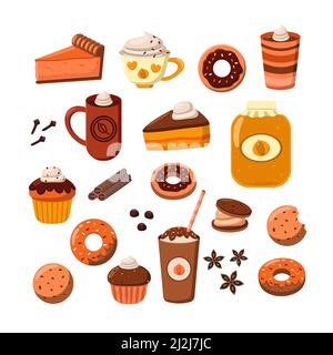 Leckere Desserts und Kaffee Cartoon Illustration Set. Kürbis- und Schokoladenkuchen, Donut und Muffins. Heiße Frappe, Herbst und Halloween Getränke mit Gewürzen ist Stock Vektor
