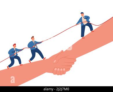 Team von Geschäftsleuten, die an einem Seil ziehen. Kleine Charaktere, die miteinander konkurrieren, stehen auf Händen und schütteln sich gegenseitig flache Vektorgrafik. Tauziehen, Konfrontation Stock Vektor