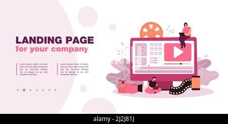 Kleine Video-Editoren sitzen auf einem riesigen Monitor. Flache Vektorgrafik. Bediener, die Videobearbeitung, Produktion und visuelle Inhalte erstellen. Multimedia, veröffentlichen Stock Vektor