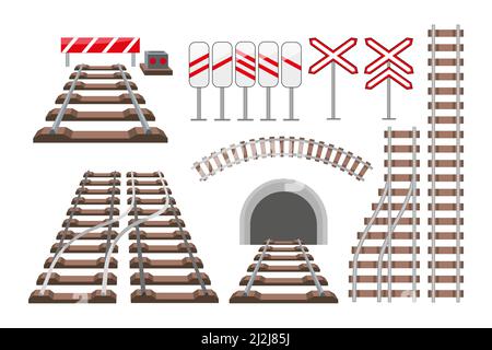 Bahngleise und Bahnschilder Vektor-Illustrationen Set. Ansicht von oben und perspektivisch von Eisenbahnelementen für Karten, gebogene Straße isoliert auf weißem Hintergrund Stock Vektor