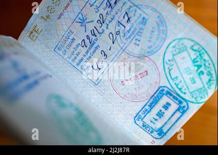 Immigration Grenzstempel aus Oman, VAE und Vietnam im Pass. Stockfoto