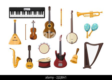 Verschiedene Musikinstrumente Cartoon Illustration Set. Akkordeon, Posaune, akustische und elektrische Gitarre, Klavier, Trommel, Pfeifenflöte, Saxophon, Harp i Stock Vektor