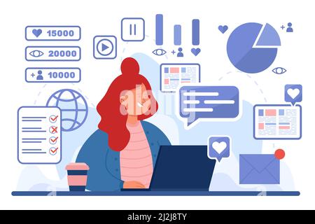Beschäftigte SMM-Expertin am Arbeitsplatz. Junge Frau Aufgaben, E-Mails schreiben, Datenanalyse-Technologie, effektive Strategie flach Vektor illustrati Stock Vektor
