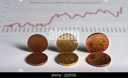 Tschechisches Geld mit Inflationsdiagramm auf dem Tisch. (CTK Photo/Petr Malina) Stockfoto