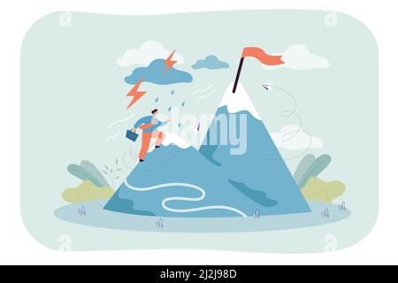 Cartoon Geschäftsmann klettert verschneiten Berg in Richtung Flagge. Mann mit Glauben und Ehrgeiz bemüht sich, Ziel flache Vektor-Illustration zu erreichen. Persevera Stock Vektor
