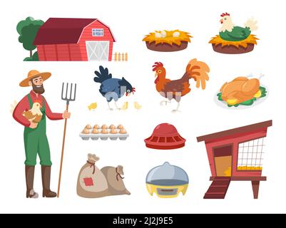 Cartoon Landwirt mit Huhn und Ausrüstung Vektor Illustrationen Set. Geflügelfarm, Scheune, Hühnerstall, verschiedene Hausvögel, Eier und Nester isoliert auf Stock Vektor