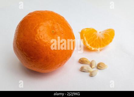 Stillleben mit einer ungeschälten Mandarine und einem Keil und fünf Samen auf weißem Hintergrund, Nahaufnahme. Reife Zitruskomposition zur Veröffentlichung, Poster Stockfoto