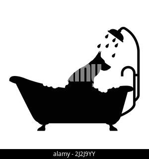 Hund in der Badewanne unter der Dusche, Haustier nimmt ein Bad, Pflegesalon Emblem, Hund waschen, Vektor Stock Vektor