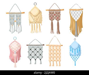 Bohemian Macrame Wand hängen Cartoon Illustration set. Handgefertigte Strickdekorationen im Boho- oder skandinavischen Stil sorgen für eine hygge-Atmosphäre Stock Vektor