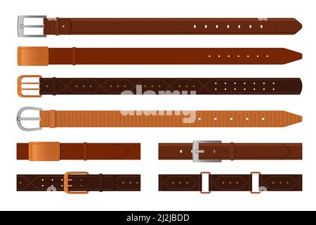 Klassisches braunes Ledergürtel flaches Vektor-Illustrationen-Set. Sammlung von Bändern mit Metall-, Messing- oder Stahlschnallenringen isoliert auf weißem Hintergrund. Stock Vektor