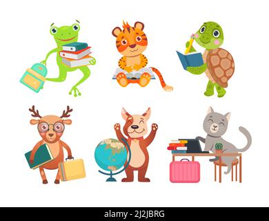 Niedliche Tiere Figuren studieren Cartoon Illustration Set. Kluge Schüler, die Katzen, Hunde, Tiger, Frosch, Hirsche und Schildkröten schreiben, Buch lesen, lea Stock Vektor