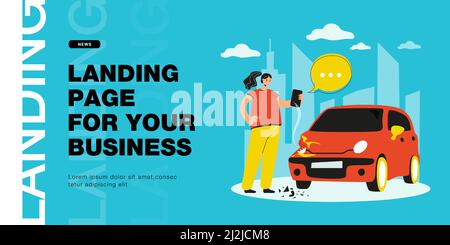 Mädchen, das Foto von beschädigten Auto flach Vektor-Illustration. Frau, die in einen Unfall verwickelt ist, Scheinwerfer zerschlägt, an Versicherungsbeamte schreibt. Verkehr i Stock Vektor