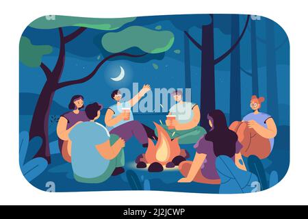 Glückliche Menschen erzählen am Lagerfeuer unheimliche Geschichten. Freunde sitzen am Feuer im Lager in der Nacht im Sommer flache Vektor-Illustration. Kommunikation, Freund Stock Vektor