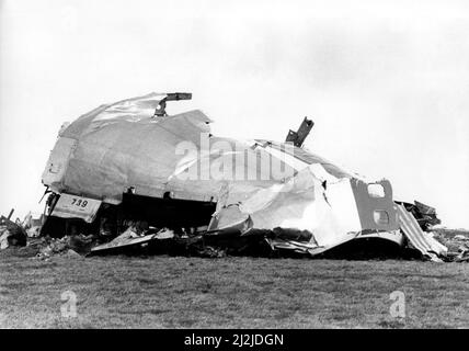 Die Flugkatastrophe von Lockerbie, die sich am 21.. Dezember 1988 ereignete. Beteiligt war die Pam Boeing 747-121, Clipper Maid of the Seas. Eine Szene der Verwüstung in und um Lockerbie. 22/12/1988 Stockfoto