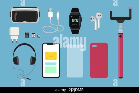 Handy-Zubehör Cartoon Illustration Set. VR-Brille 3D Modell, Handytasche, Ladegerät, Akku, Kopfhörer, Smart Watch, Speicherkarte, Selfi Stock Vektor
