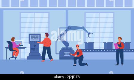 Produktionsprozess mit Robotern und Computern in der Smart Factory. Digitale Revolution, Arbeiter mit Maschinen mit Internet und Daten flache Vektor illustrat Stock Vektor