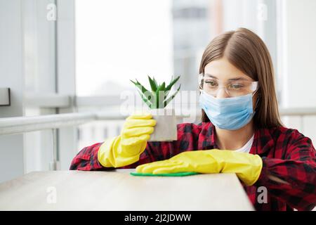 Junge Glücklich weiblichen Hausmeister Reinigung Holz- Schreibtisch mit der Rag im Büro Stockfoto