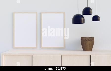Fotorahmen in minimalem Raum, 3D-bilder-Rendering Stockfoto