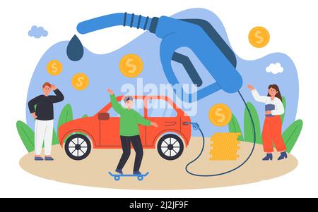 Verärgert Mann Tank des Autos mit Benzin oder Biodiesel füllen. Glückliche Person Geld sparen durch Reiten Skateboard flache Vektor Illustration. Finanzen, Wirtschaft, Stock Vektor